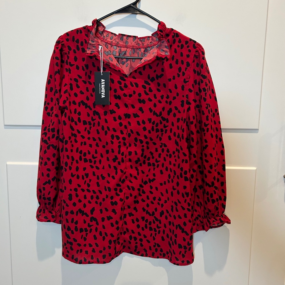 AVANOVA Women's Red Black Animal Print Ruffle Collar‎ Long Sleeve Blouse Top S